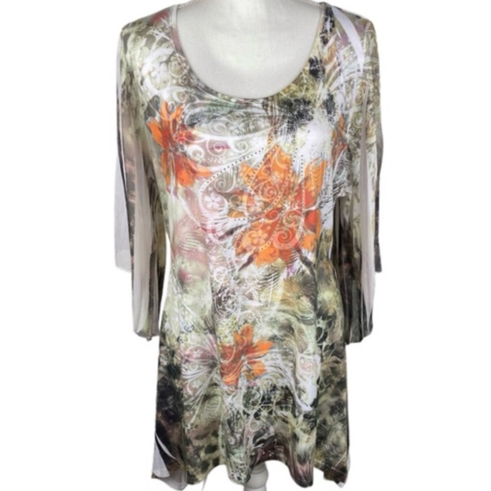 Plus Size 2X Floral Shark Bite Blouse Scoop Neck Bling Cal Style EUC